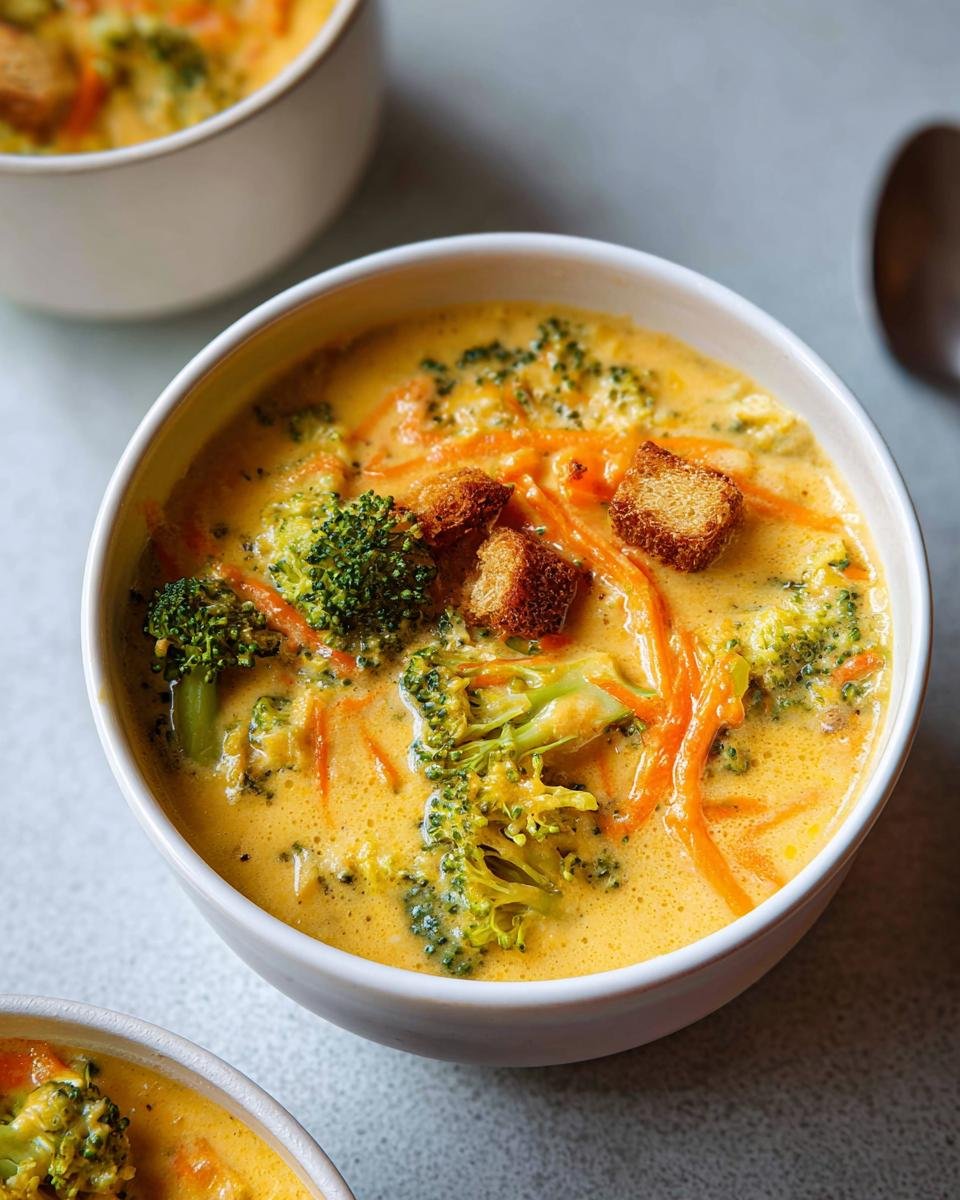 Close-up of a bowl of rich, yellow Creamy Broccoli Cheddar Soup topped with fresh broccoli florets, shredded carrots, and crispy croutons.