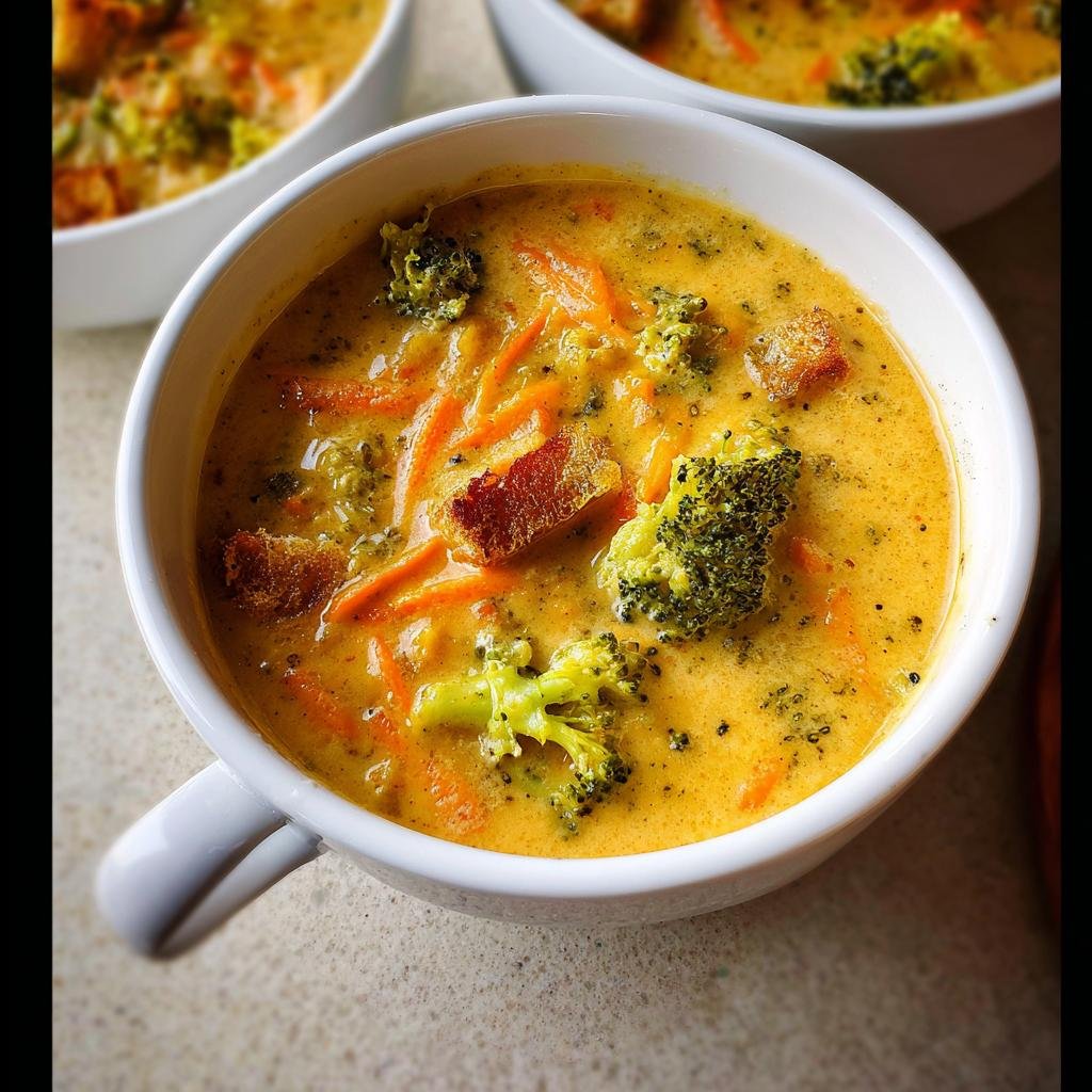 Close-up of a white mug filled with rich, orange Creamy Broccoli Cheddar Soup, topped with broccoli florets, shredded carrots, and croutons.