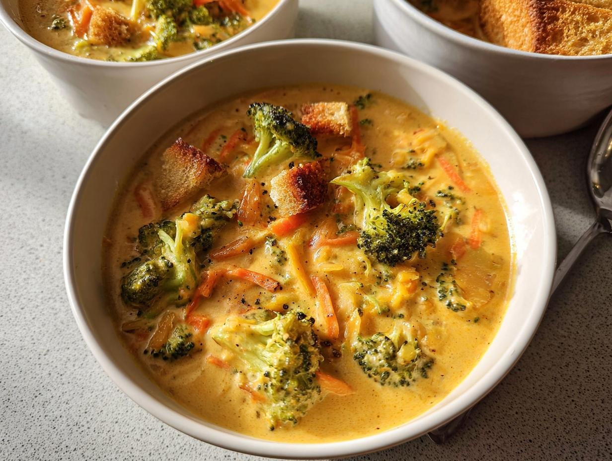 Close-up of a bowl of rich, yellow Creamy Broccoli Cheddar Soup topped with fresh broccoli florets, shredded carrots, and croutons.