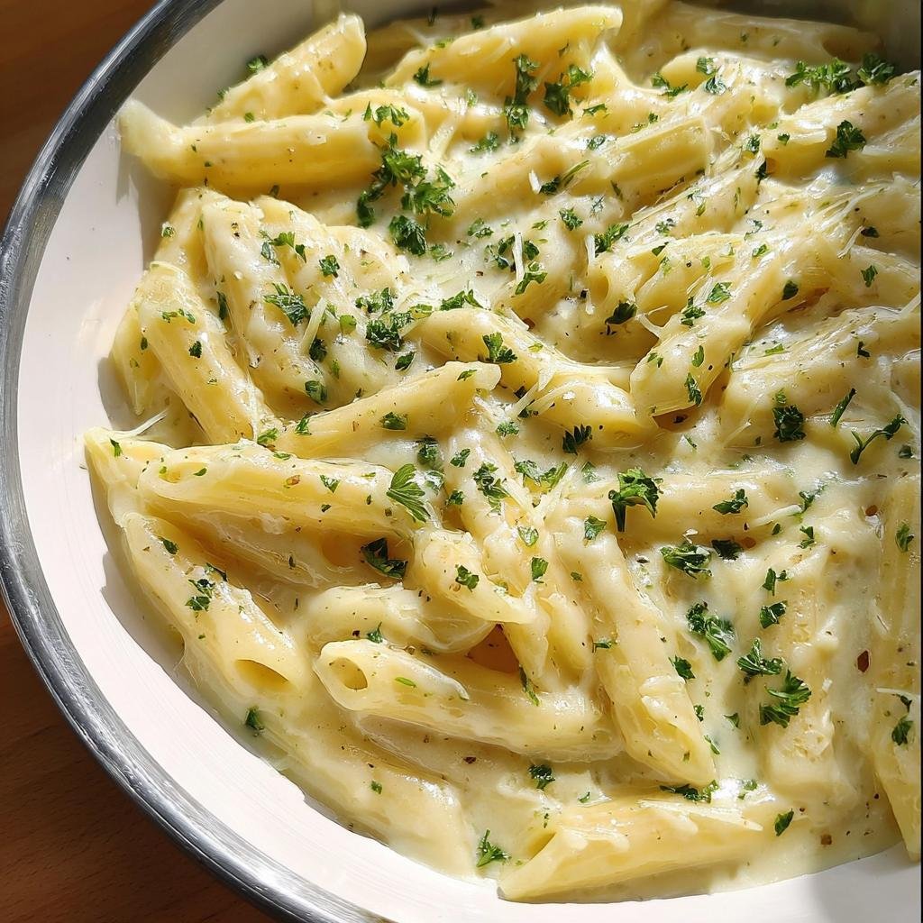 Close-up of a white bowl filled with rich, creamy Garlic Parmesan Penne pasta topped with fresh parsley.