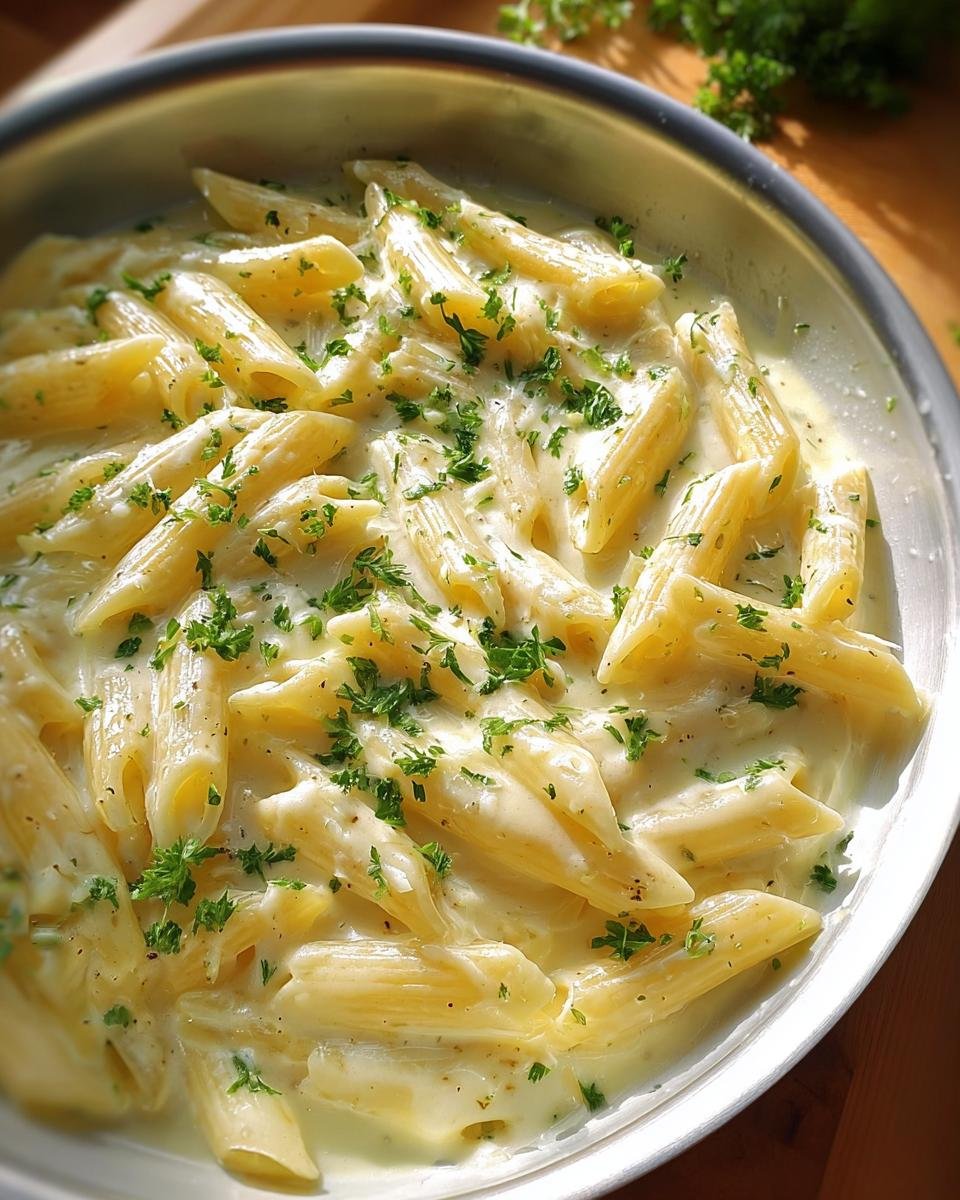 Close-up of rich Creamy Garlic Parmesan Penne pasta coated in a thick white sauce and topped with fresh parsley.