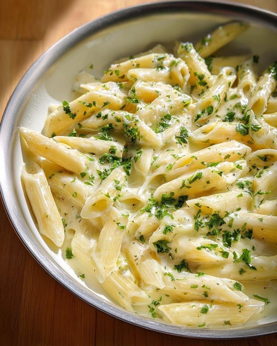 A close-up of penne pasta coated in a rich, creamy sauce and topped with fresh parsley, highlighting the Creamy Garlic Parmesan Penne.
