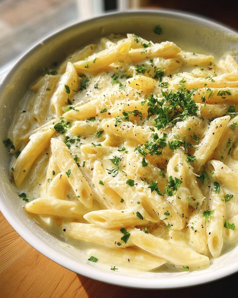 Close-up of a white bowl filled with Creamy Garlic Parmesan Penne, topped with grated cheese and fresh parsley.