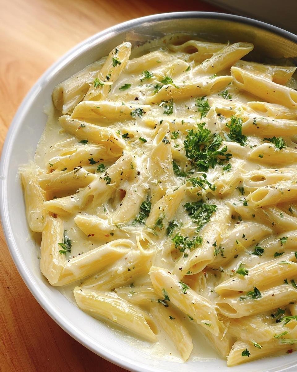 Close-up of Creamy Garlic Parmesan Penne pasta coated in rich white sauce and topped with fresh parsley.