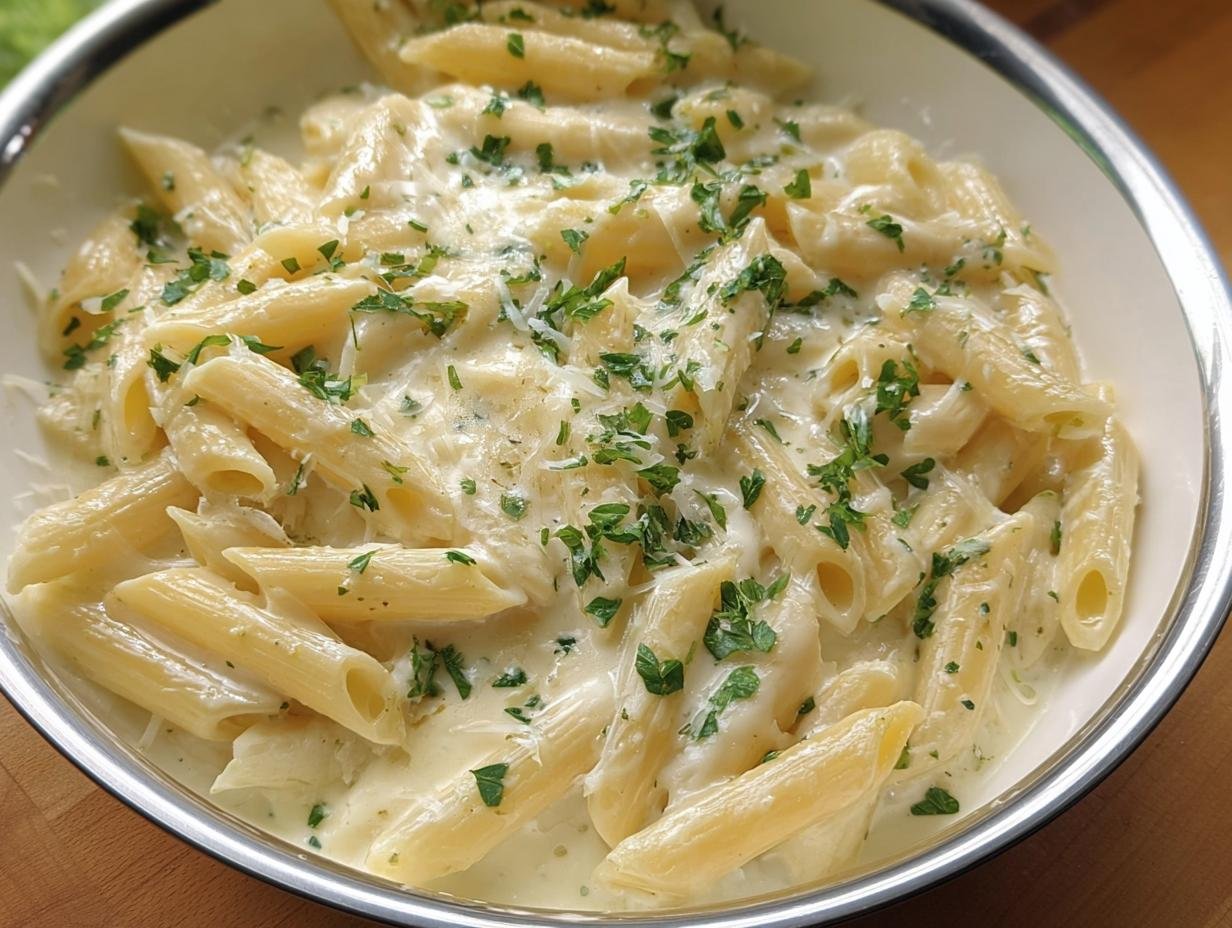 Close-up of Creamy Garlic Parmesan Penne pasta coated in a rich white sauce and topped with fresh parsley.