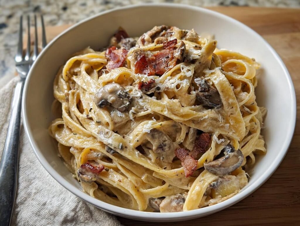 A close-up of rich Creamy Mushroom Fettuccine Date Night pasta topped with bacon and Parmesan cheese.