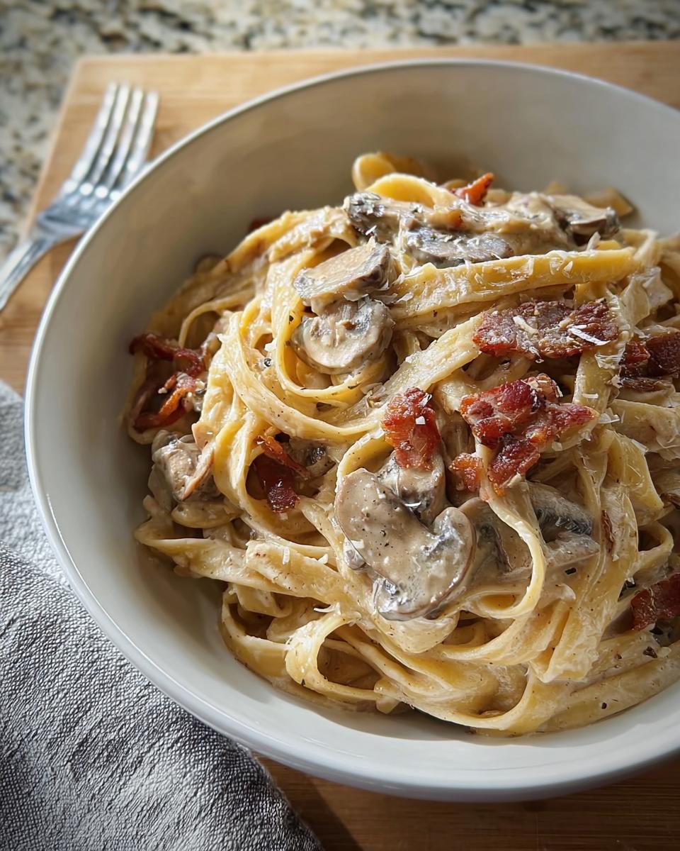 A close-up of a white bowl filled with Creamy Mushroom Fettuccine Date Night, topped with mushrooms and bacon.