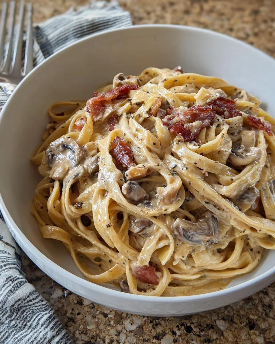 Close-up of rich Creamy Mushroom Fettuccine topped with crispy bacon pieces in a white bowl.