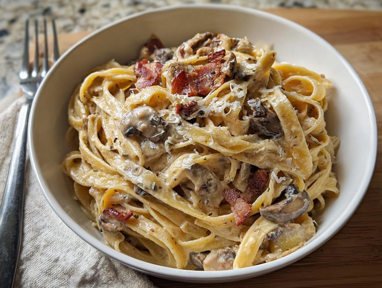 A close-up of rich Creamy Mushroom Fettuccine Date Night pasta topped with bacon and Parmesan cheese.