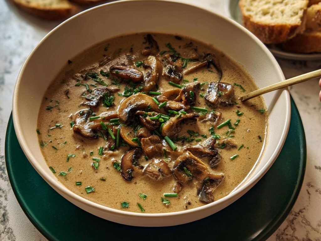 A close-up of a bowl of rich, creamy mushroom soup no canned soup, topped with sautéed mushrooms and fresh chives.