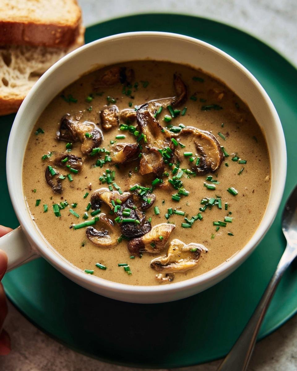 A close-up of a bowl of rich Creamy Mushroom Soup No Canned Soup, topped with sautéed mushrooms and fresh chives.