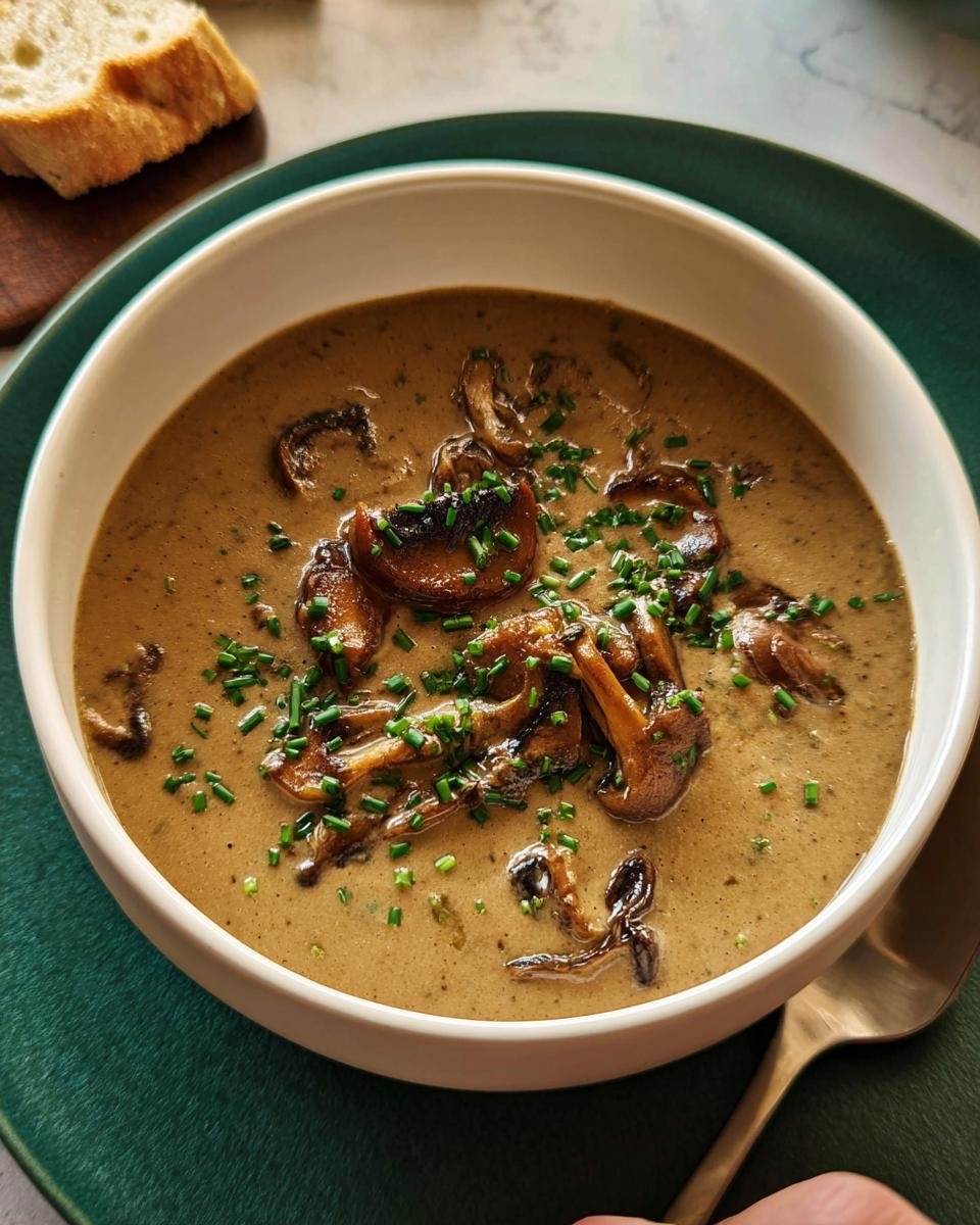 A rich bowl of Creamy Mushroom Soup No Canned Soup, topped with sautéed mushrooms and fresh chives.