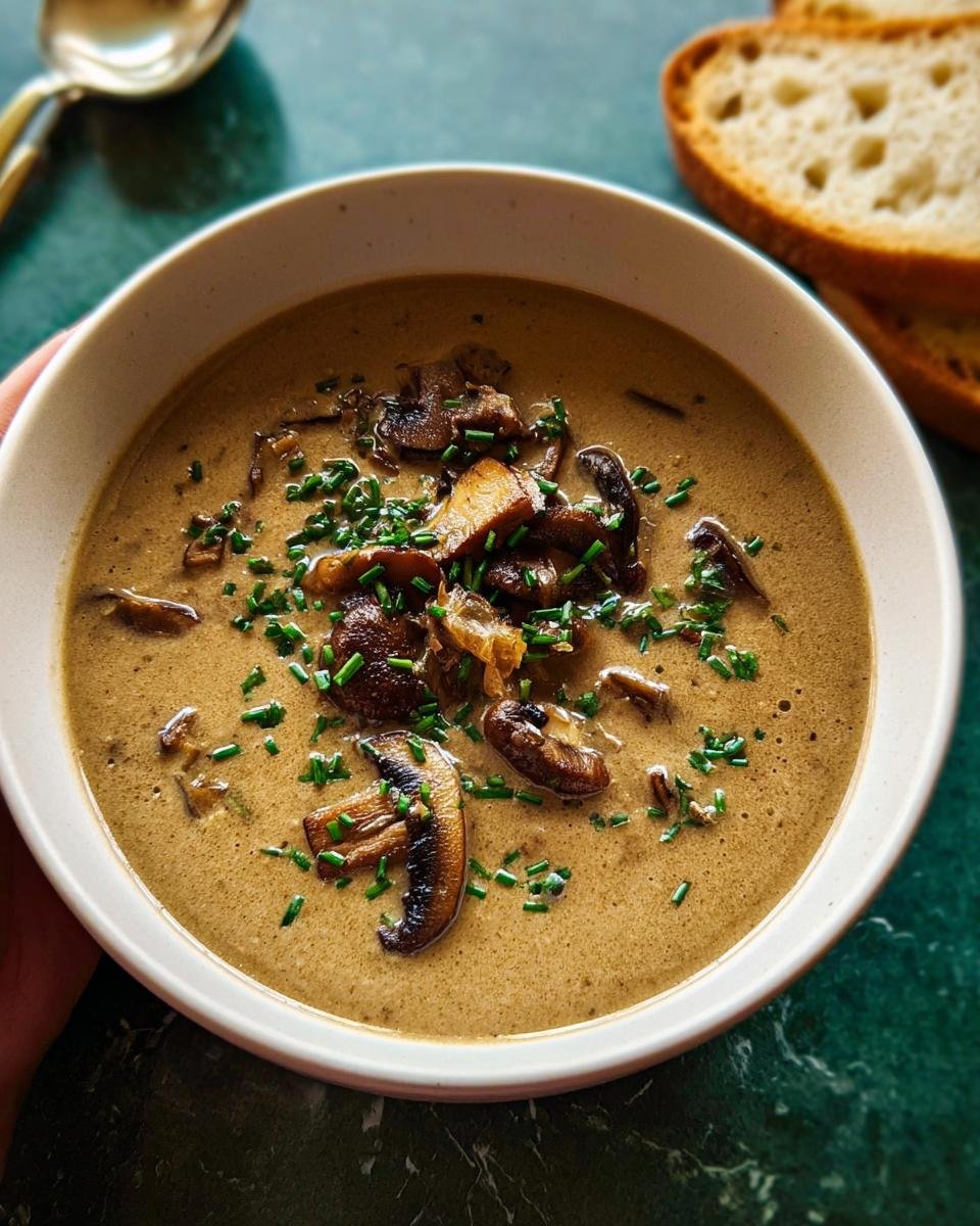 A close-up of a bowl of rich Creamy Mushroom Soup No Canned Soup, topped with sautéed mushrooms and chives.