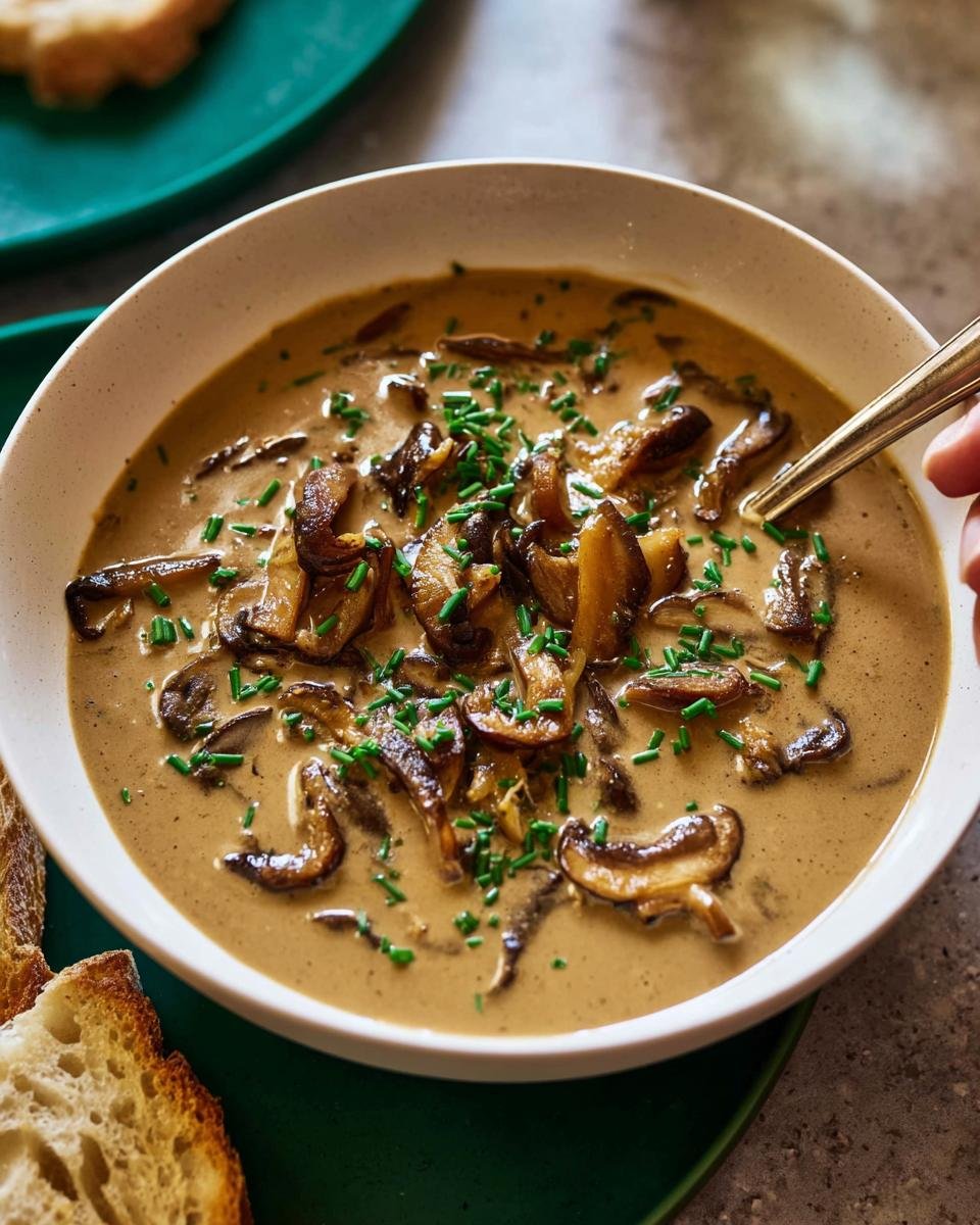 A rich bowl of homemade Creamy Mushroom Soup No Canned Soup topped with sautéed mushrooms and fresh chives.