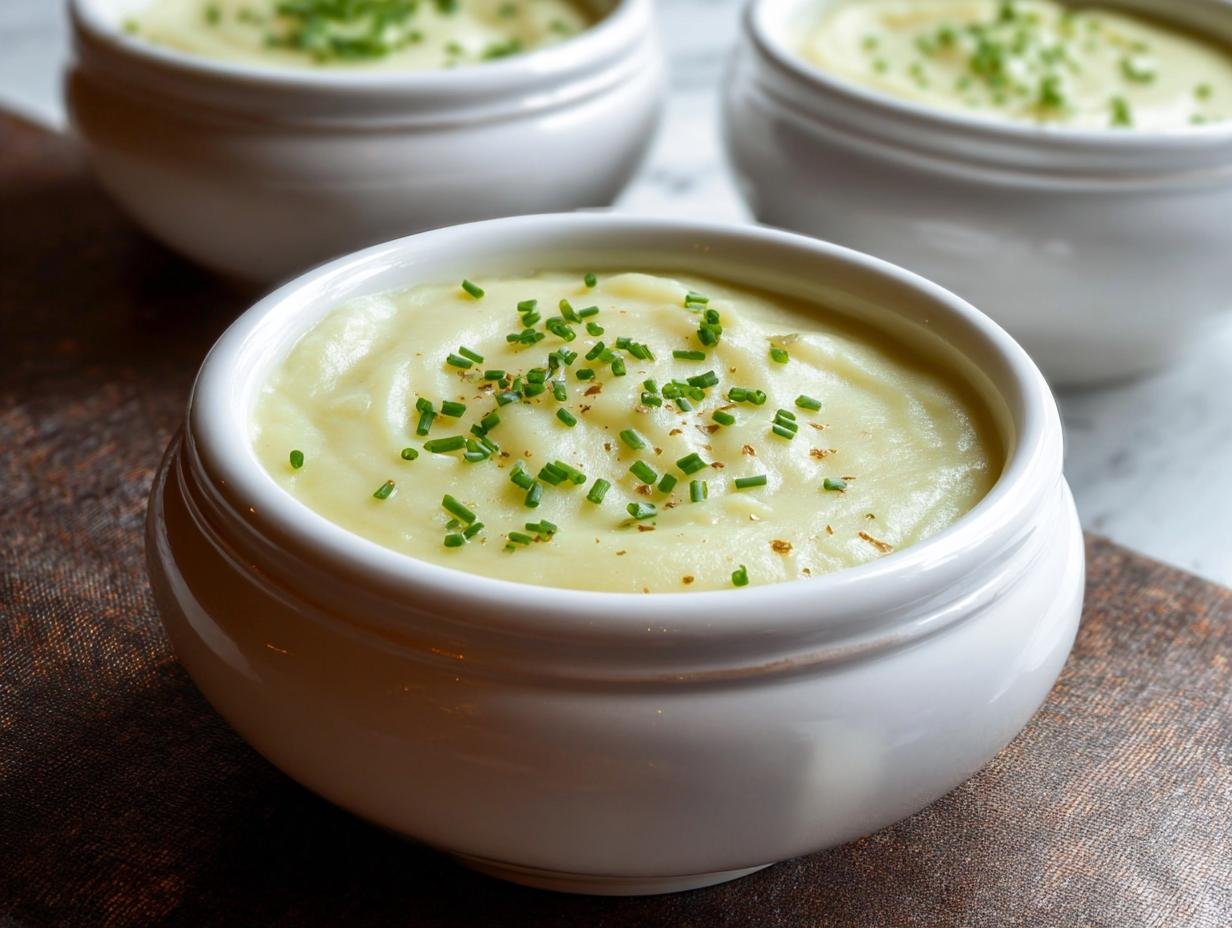 Close-up of a white bowl filled with smooth, creamy potato leek soup, garnished with fresh chives.