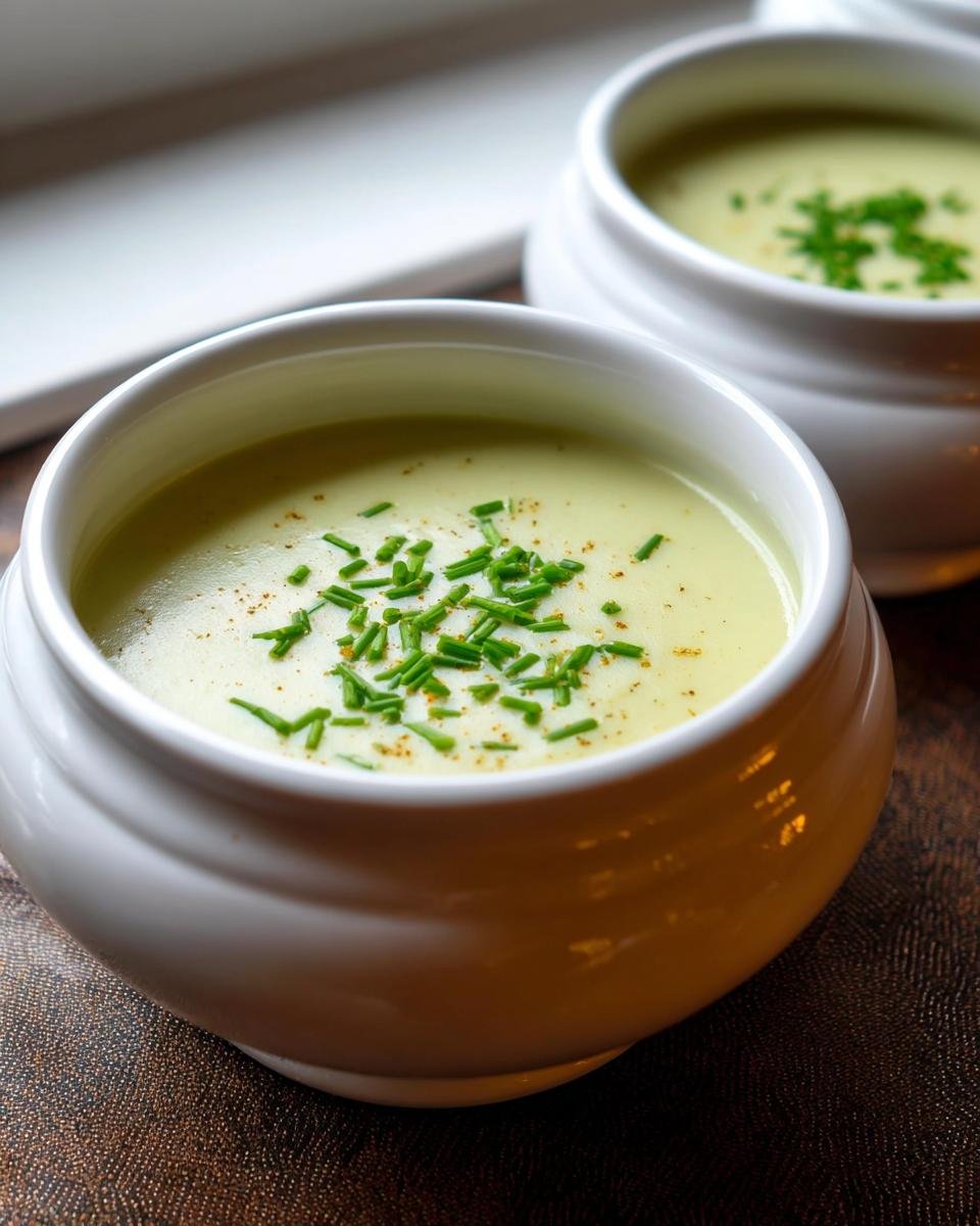 Close-up of rich Creamy Potato Leek Soup Restaurant Style, garnished with fresh chives and pepper.