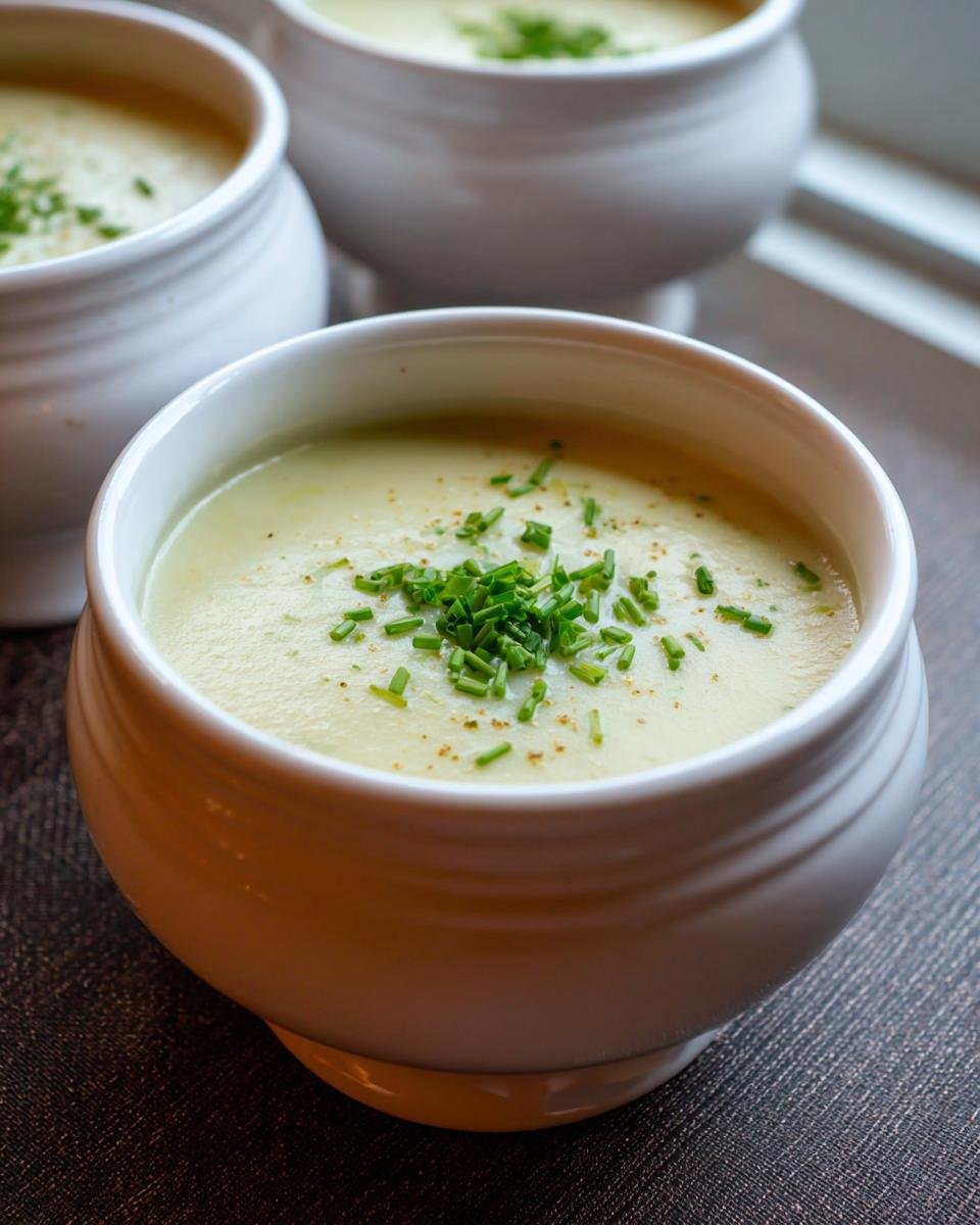 Close-up of a bowl of Creamy Potato Leek Soup garnished with fresh chives.
