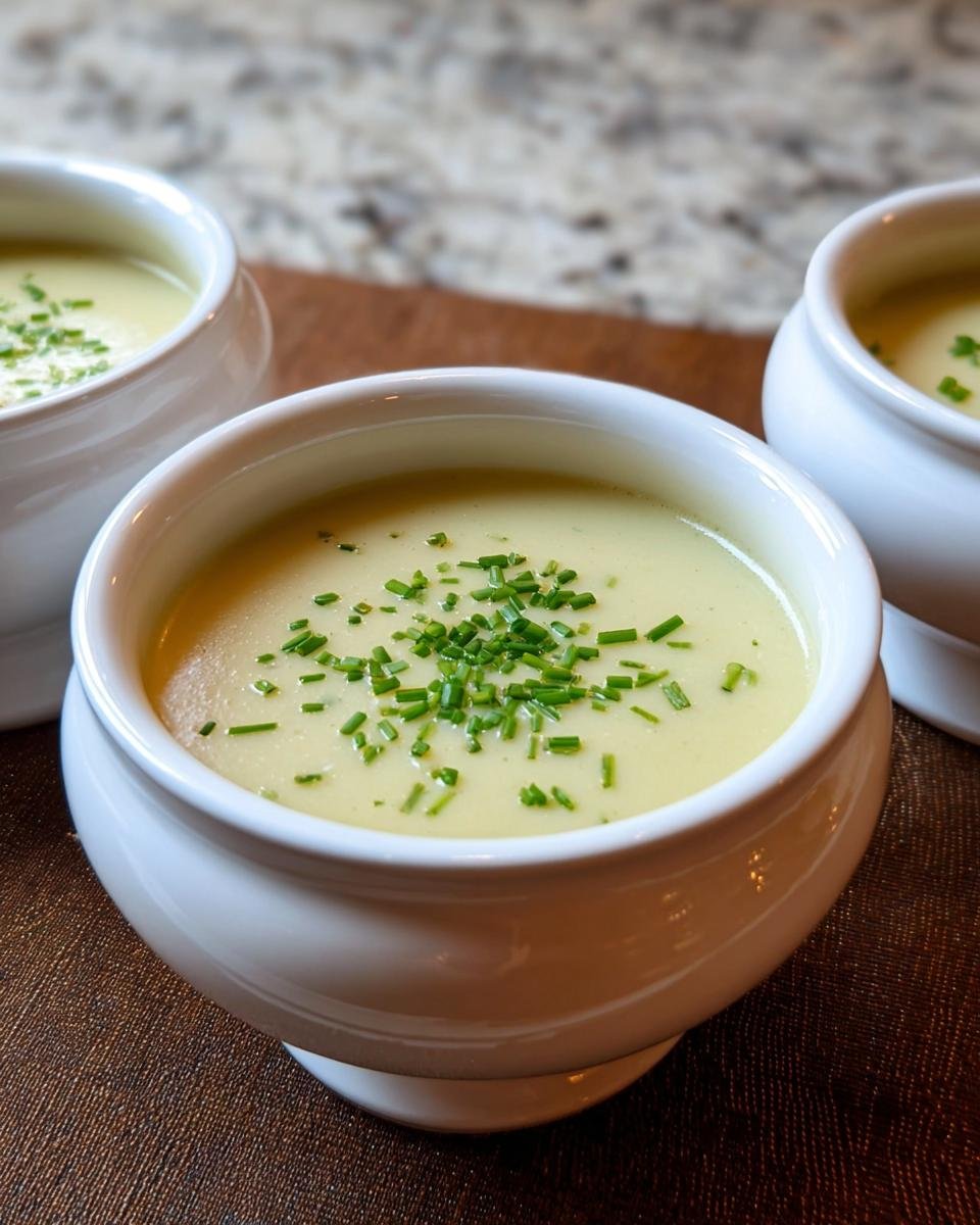 Three white bowls filled with creamy potato leek soup, garnished with fresh chopped chives.