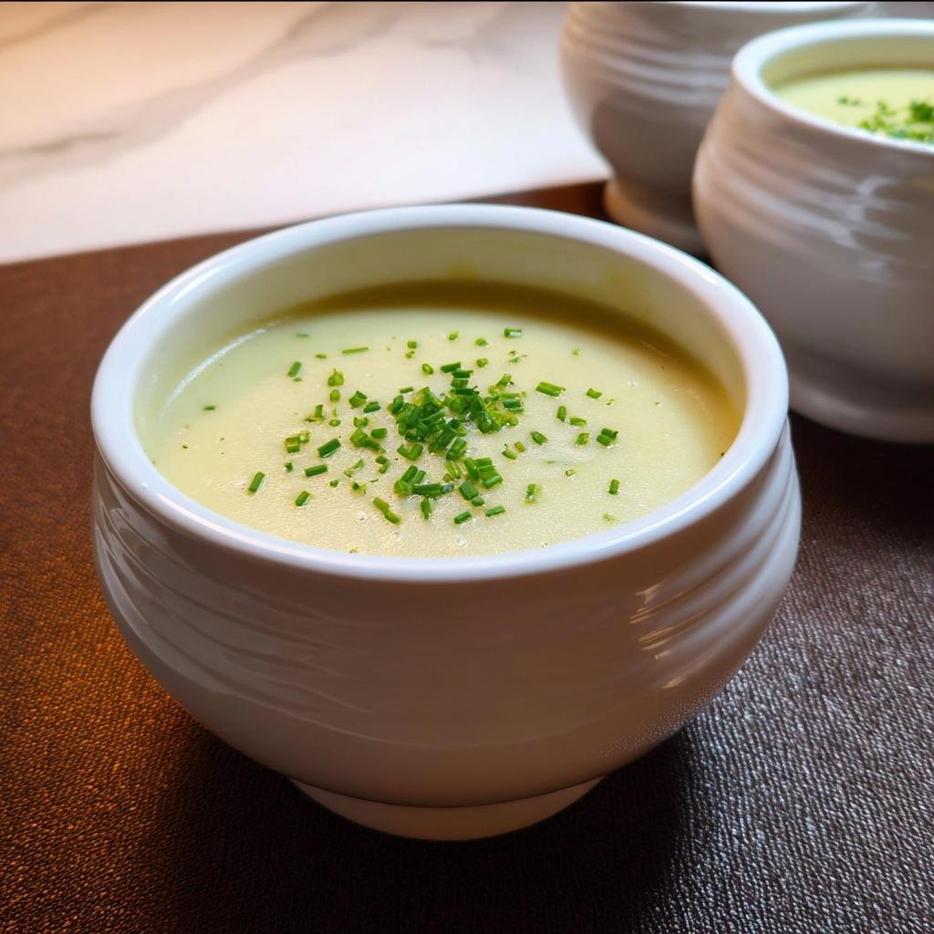 Close-up of a bowl of rich Creamy Potato Leek Soup garnished with fresh chopped chives.