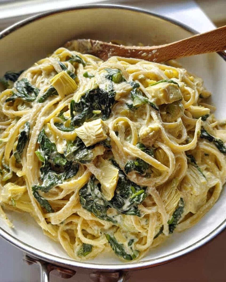 A close-up of creamy spinach artichoke pasta tossed with fettuccine, spinach, and artichoke hearts in a bowl.