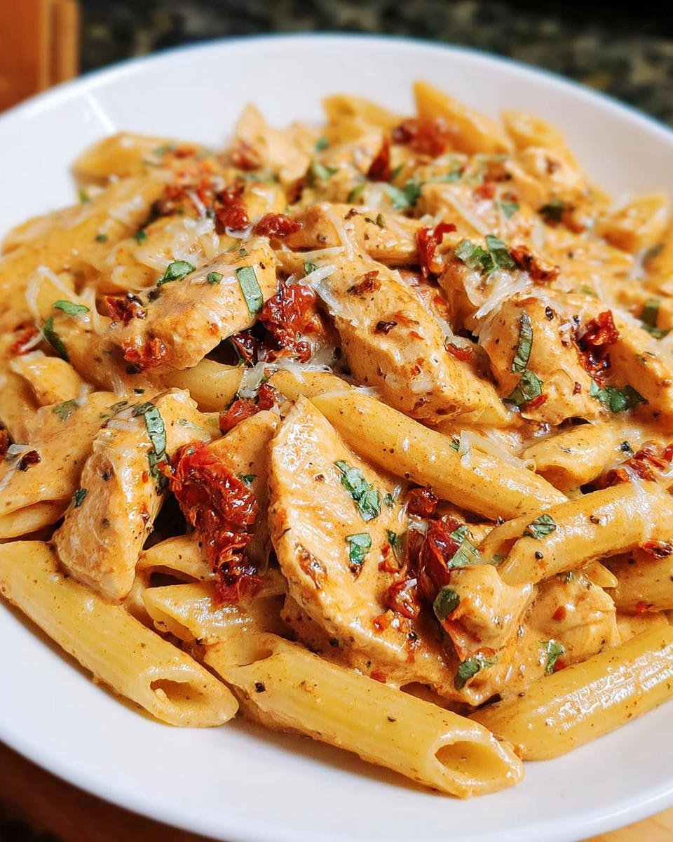 Close-up of Creamy Sun Dried Tomato Pasta featuring penne, chicken pieces, and sun-dried tomatoes.
