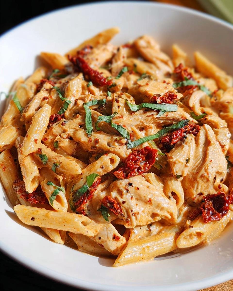 Close-up of Creamy Sun Dried Tomato Pasta mixed with chicken pieces and topped with fresh basil.