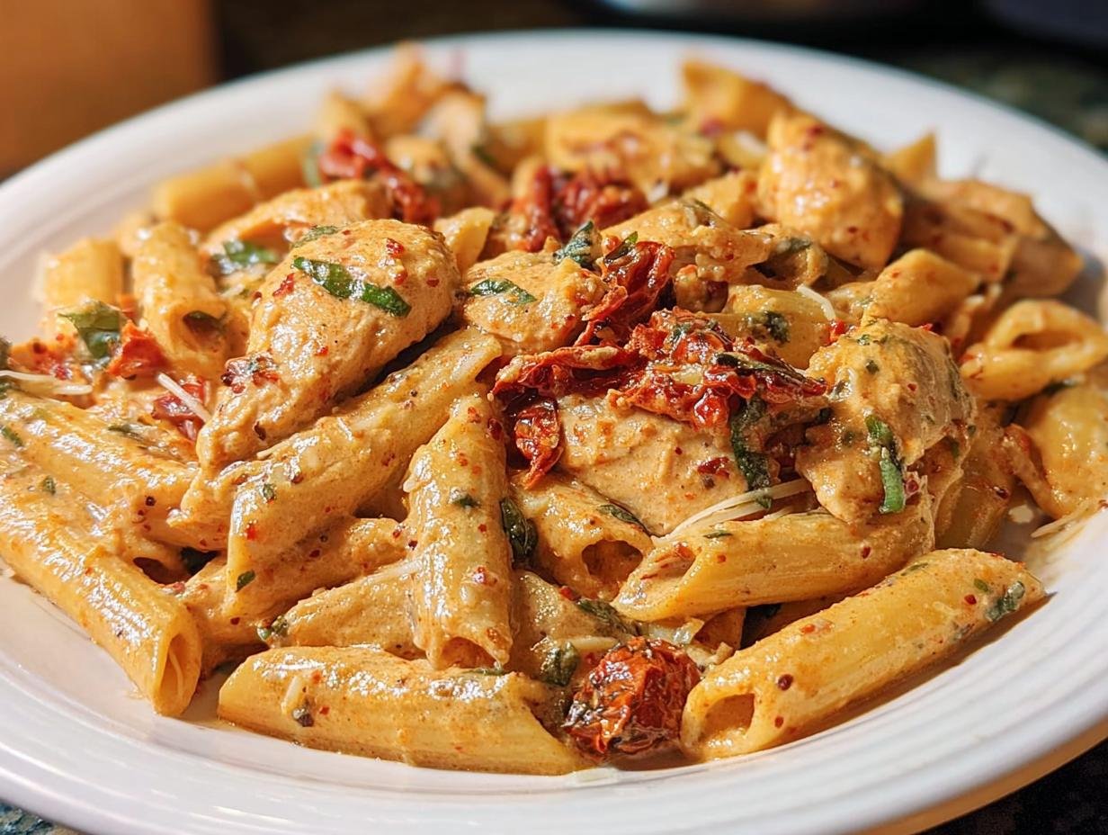 Close-up of Creamy Sun Dried Tomato Pasta featuring penne pasta, chicken pieces, and sun-dried tomatoes.