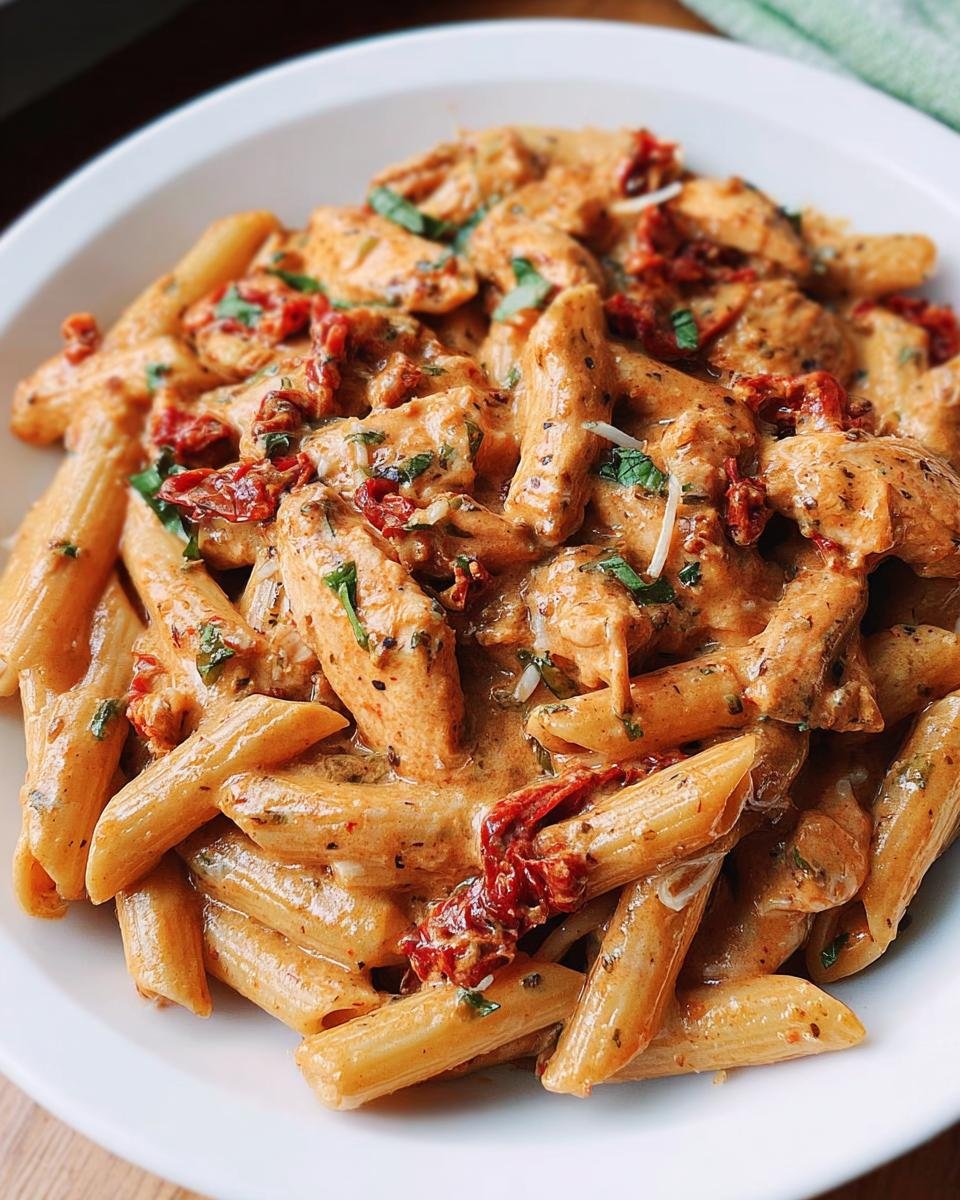 A close-up of a white bowl filled with Creamy Sun Dried Tomato Pasta featuring penne, coated in a rich orange sauce and topped with sun-dried tomatoes.