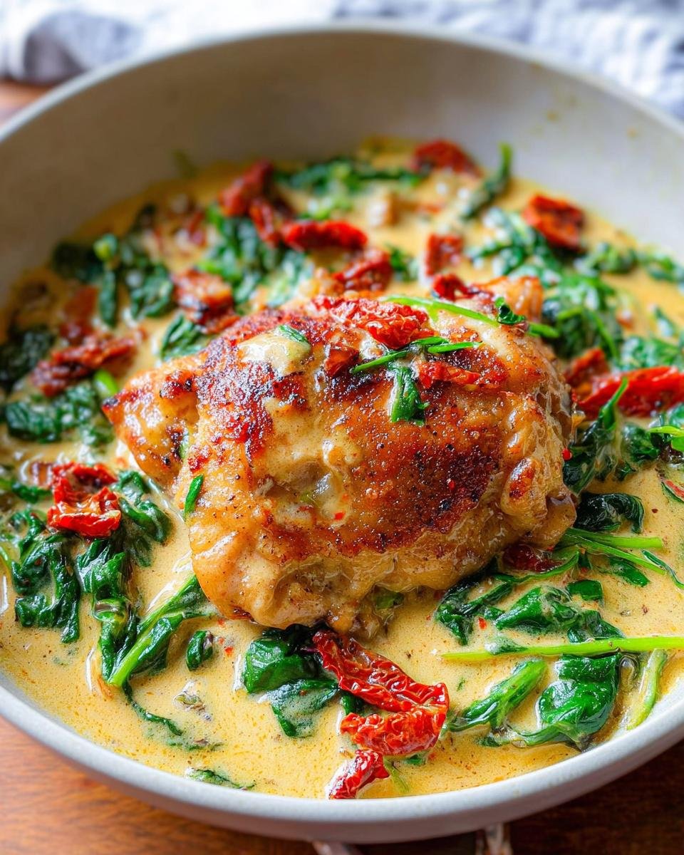 A perfectly seared chicken thigh served in a bowl of creamy sauce with spinach and sun-dried tomatoes: Creamy Tuscan Chicken Thighs with Spinach.