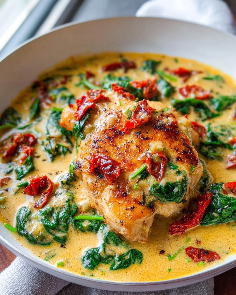 Close-up of a perfectly seared chicken thigh submerged in a rich, creamy sauce with spinach and sun-dried tomatoes: Creamy Tuscan Chicken Thighs with Spinach.