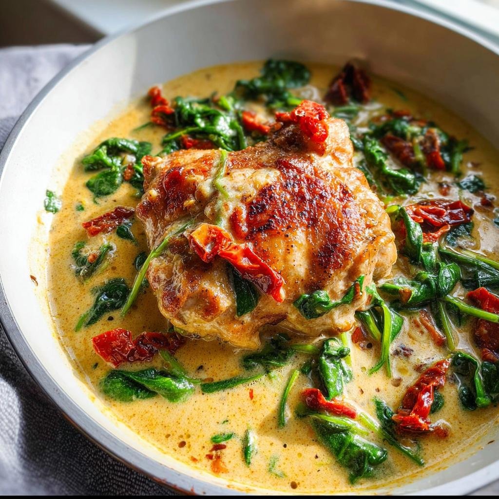 Close-up of a seared chicken thigh served in a rich, creamy sauce with wilted spinach and sun-dried tomatoes: Creamy Tuscan Chicken Thighs with Spinach.