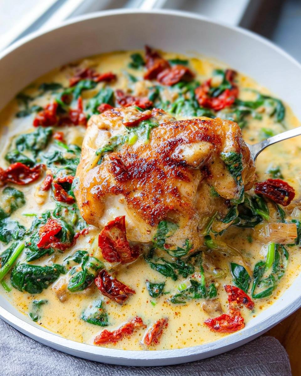 A spoonful lifts a perfectly seared chicken thigh from a bowl of Creamy Tuscan Chicken Thighs with Spinach.