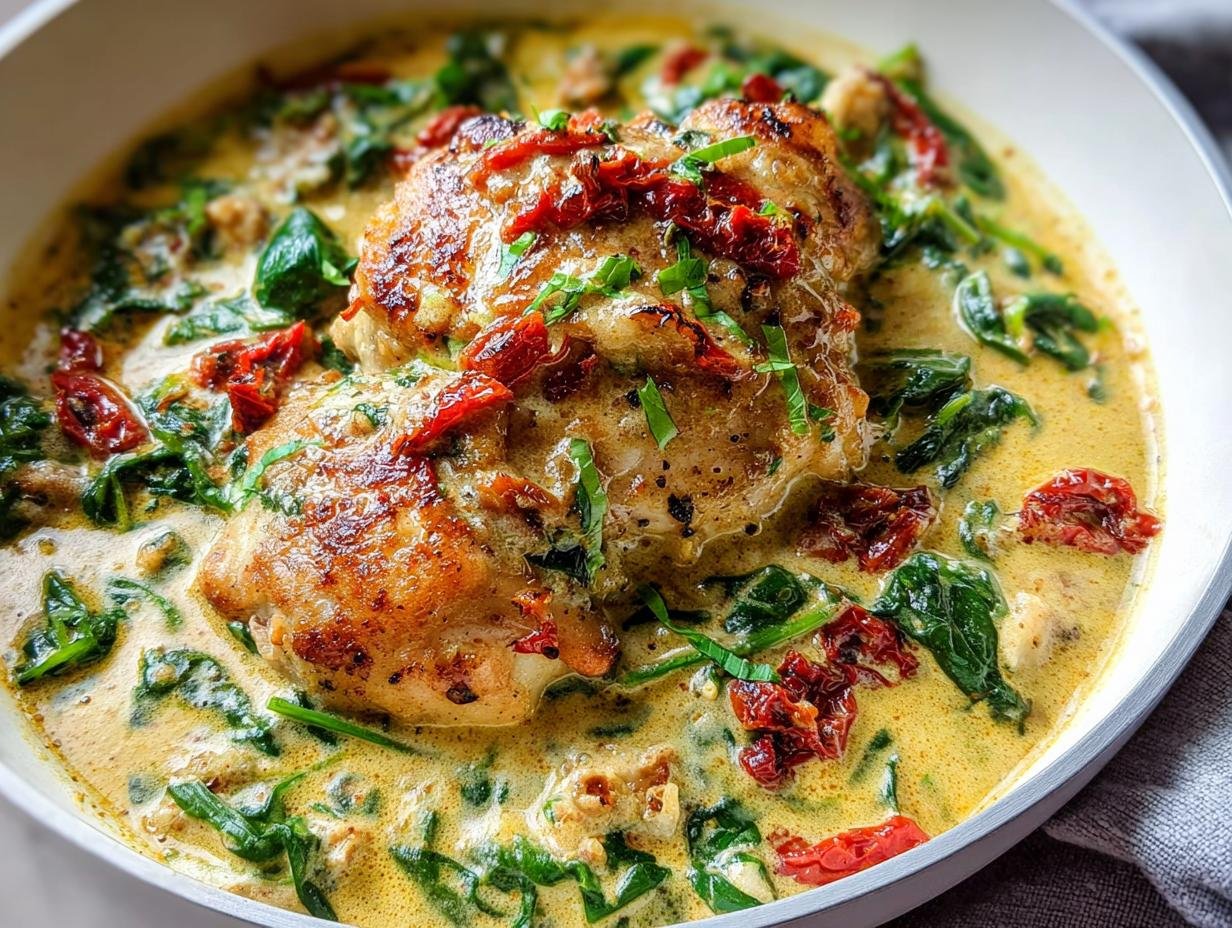 Two seared Creamy Tuscan Chicken Thighs with Spinach and sun-dried tomatoes in a rich, yellow cream sauce.