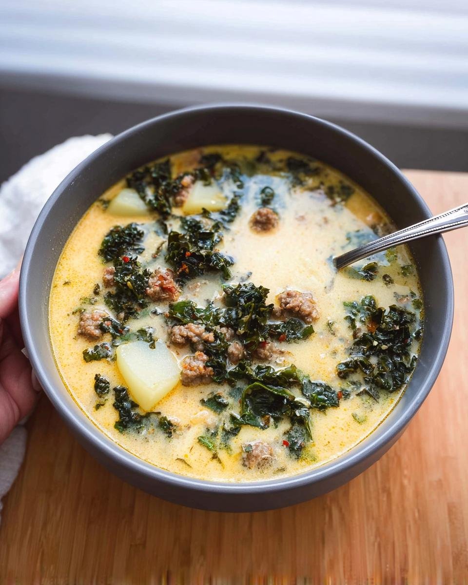 Close-up of a bowl of creamy Tuscan Sausage and Kale Soup Zuppa Inspired, featuring sausage, potatoes, and dark green kale.