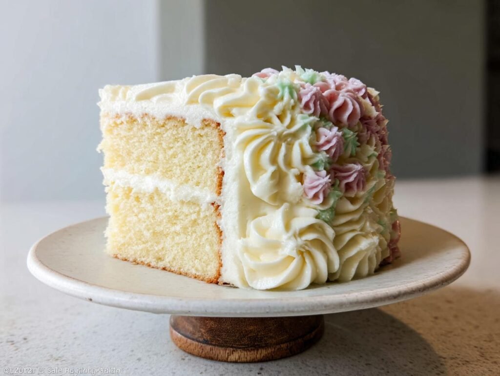 A slice of a creative birthday cake featuring layers of vanilla cake and frosting, decorated with pastel buttercream flowers.