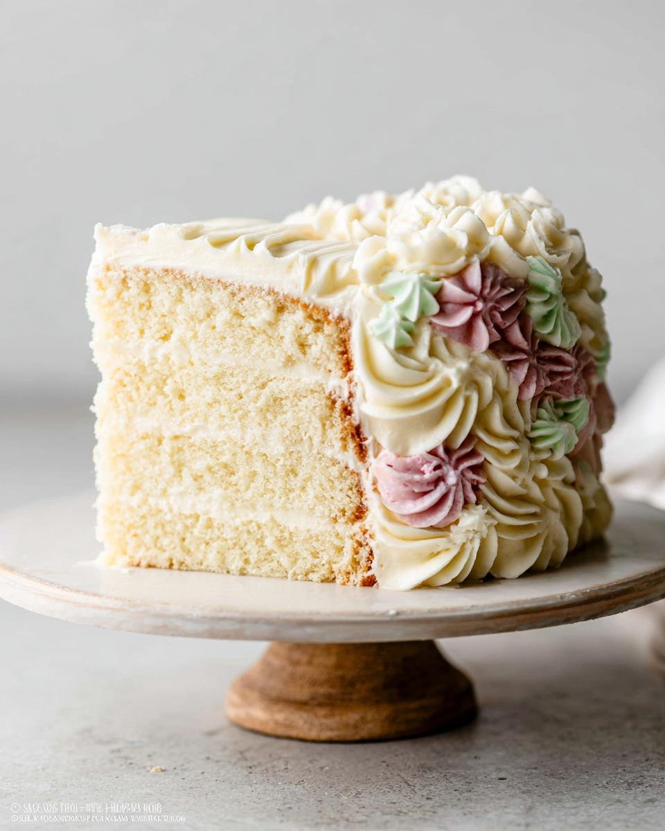 A slice of a creative birthday cake with layers of vanilla cake and buttercream frosting, decorated with pretty pastel floral piping.
