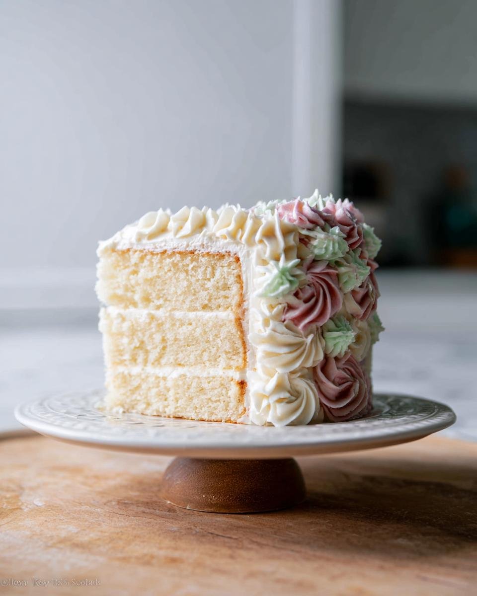 A slice of a creative birthday cake with three layers of vanilla cake and frosting, decorated with pretty pink, green, and white floral piping.