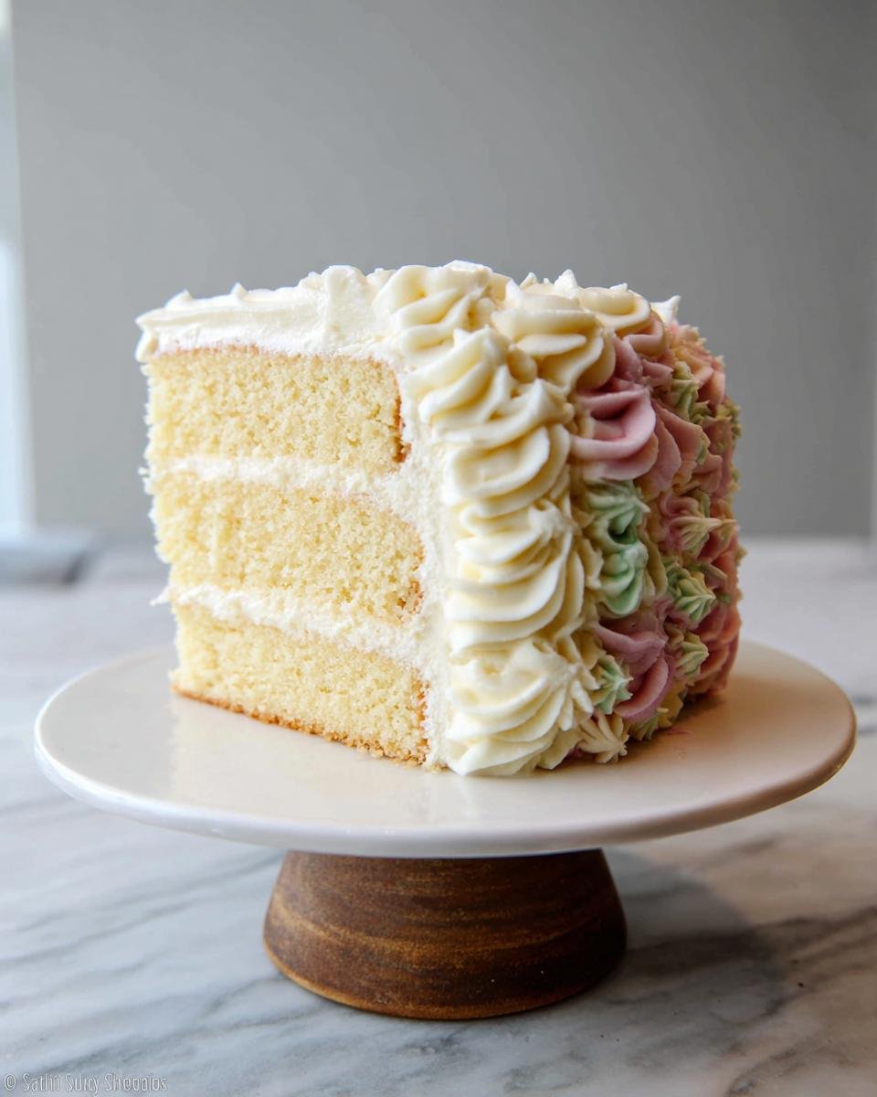 A slice of a creative birthday cake featuring layers of vanilla cake and frosting, decorated with pretty pastel rosettes.