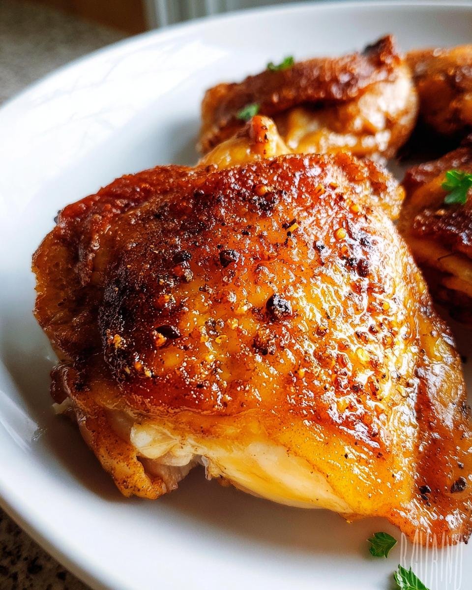 Close-up of a perfectly cooked, glistening piece of Crispy Baked Chicken Thighs with browned, seasoned skin on a white plate.