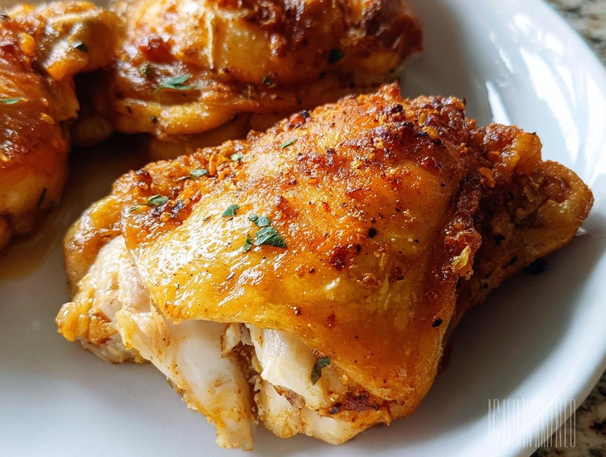 Close-up of a juicy, golden-brown piece of Crispy Baked Chicken Thighs with seasoned skin.