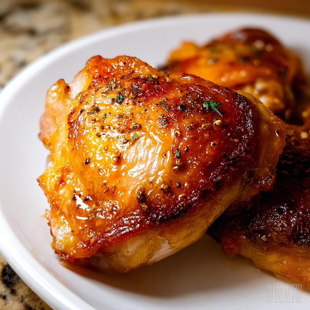 Close-up of a juicy, golden-brown piece of Crispy Baked Chicken Thighs seasoned with herbs.