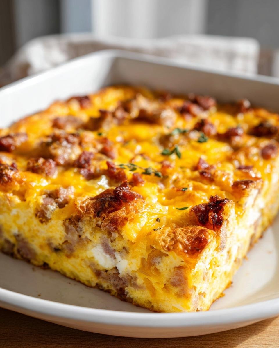 Close-up of a square slice of Crispy Hash Brown Egg Bake topped with melted cheddar cheese and sausage crumbles.