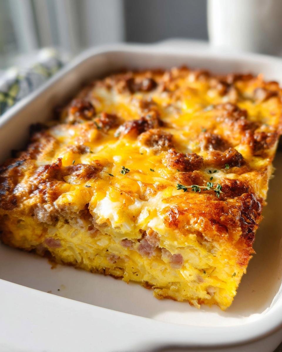 A thick slice of Crispy Hash Brown Egg Bake featuring layers of eggs, hash browns, sausage, and melted cheese topping.