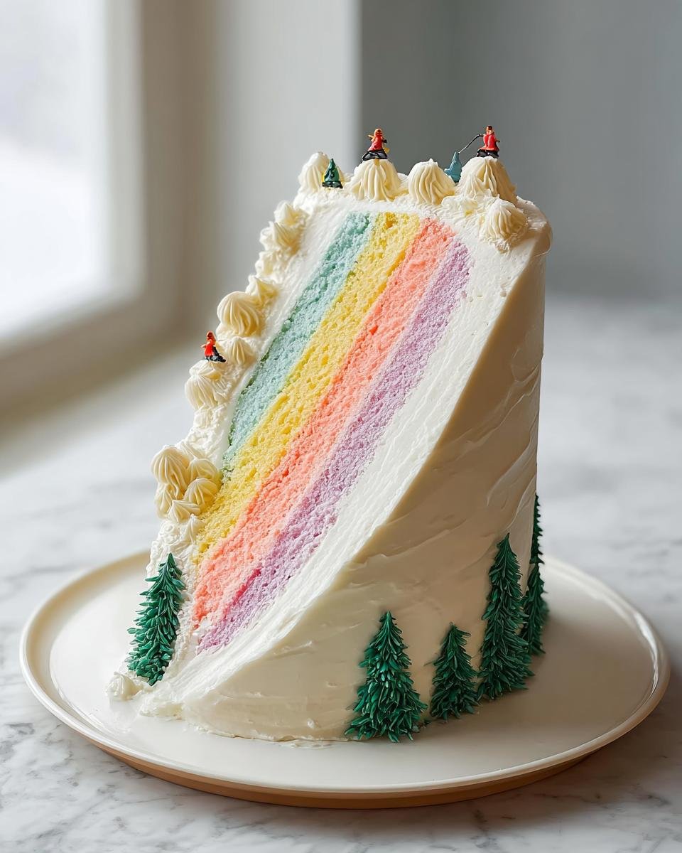 A slice of a cute small birthday cake with rainbow layers and a winter forest theme.