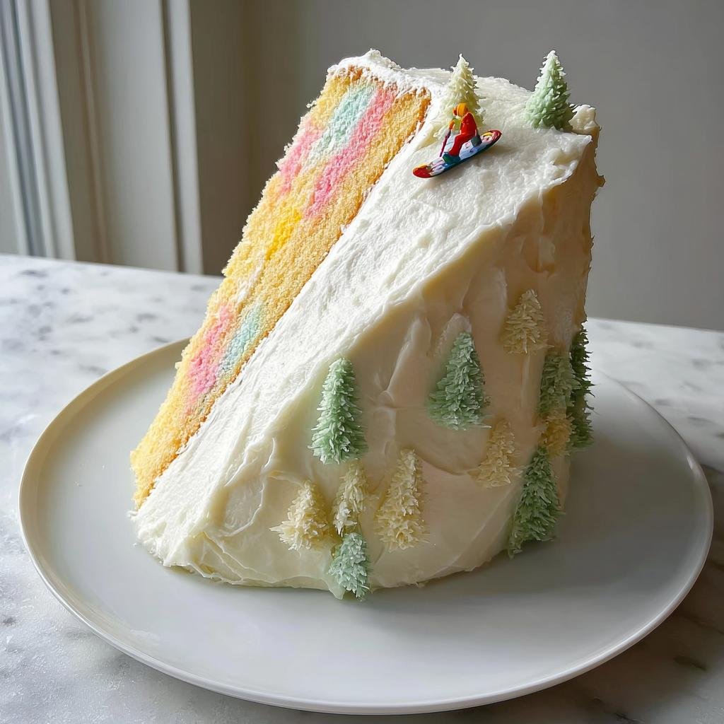 A slice of a cute small birthday cake with rainbow layers, frosted like a snowy mountain with a snowboarder figurine.
