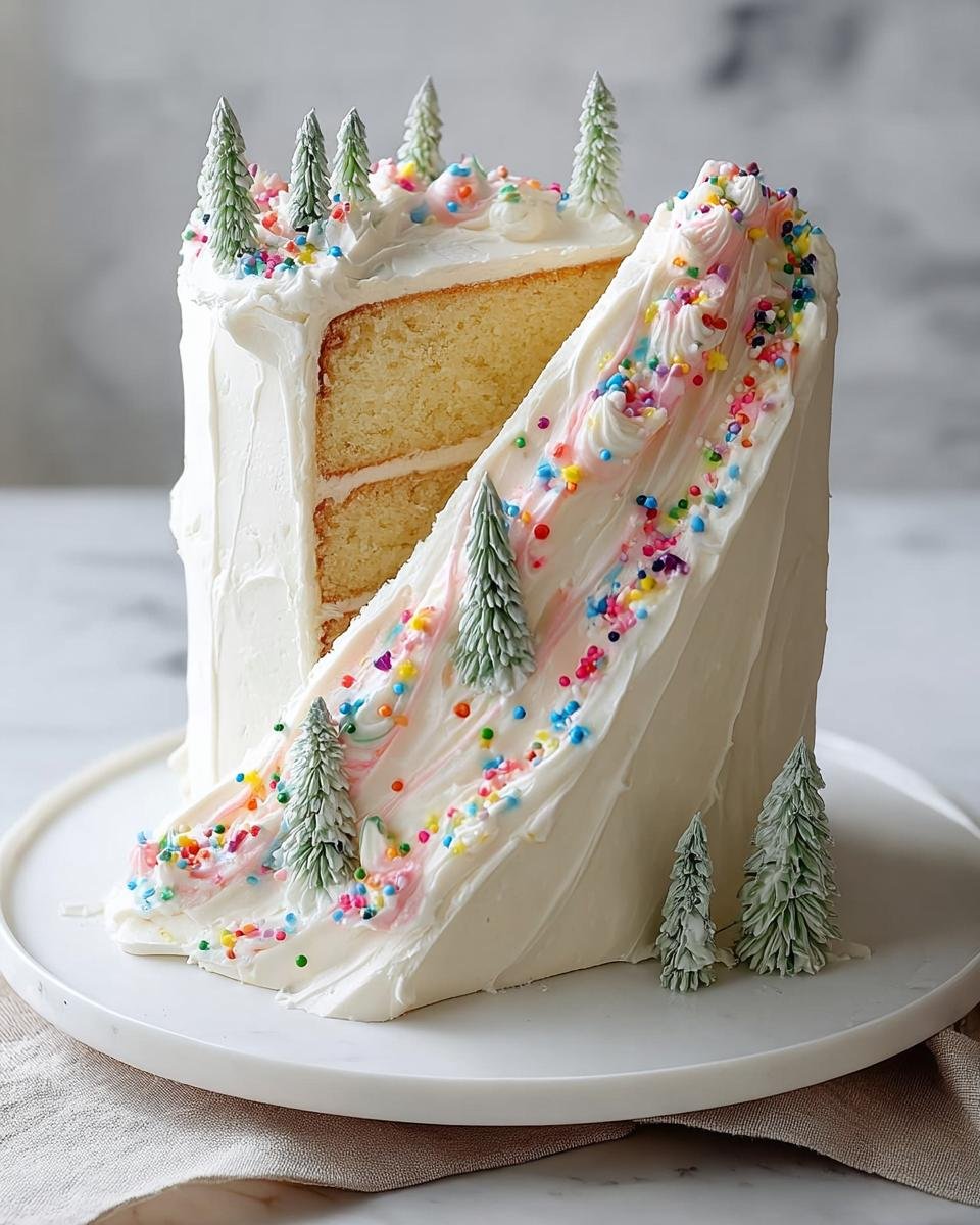 A cute small birthday cake design featuring a snowy slope made of frosting, decorated with sprinkles and miniature trees.