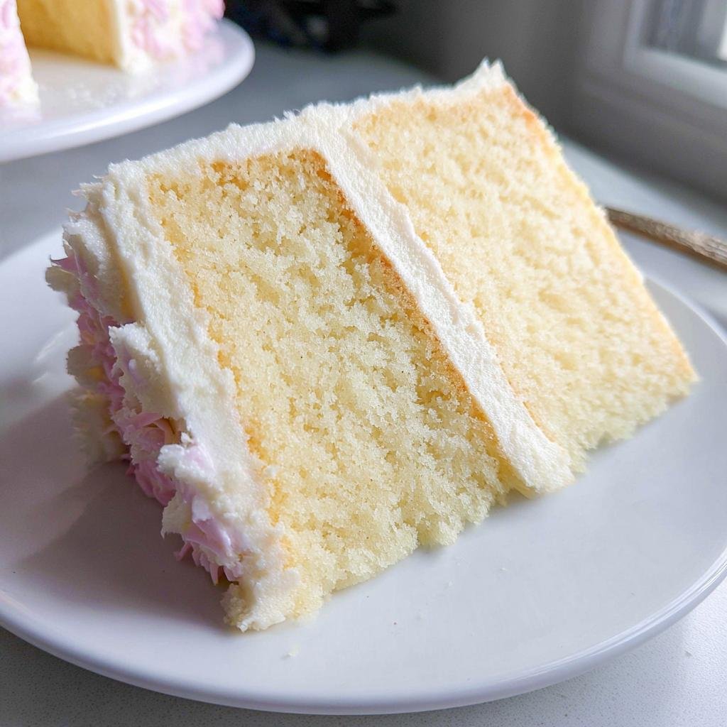 A close-up of a slice of delicious vanilla cake with fluffy white frosting and a hint of pink icing.