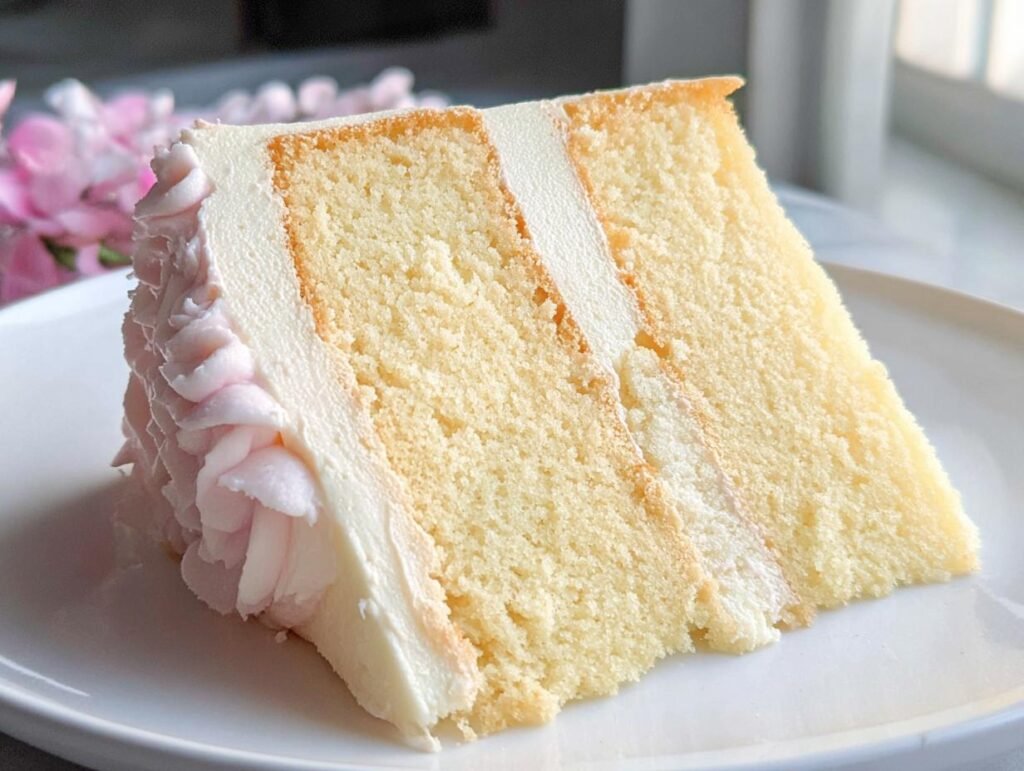 A slice of delicious vanilla cake with layers of white frosting and delicate pink frosting piping.