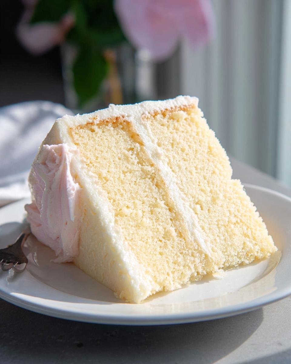 A slice of delicious vanilla cake with white frosting and a hint of pink frosting, served on a white plate.