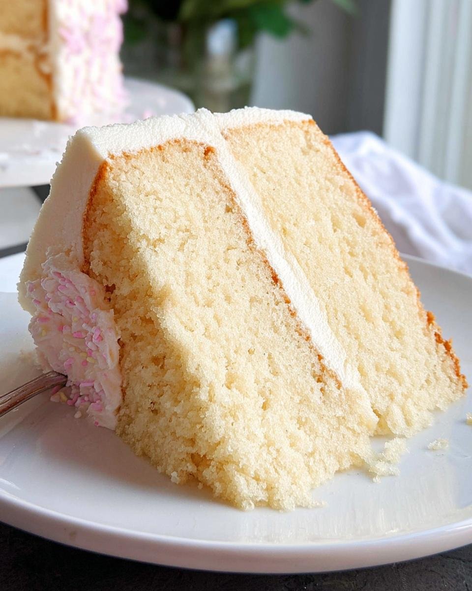 A slice of moist vanilla cake with creamy white frosting and pink sprinkles, showcasing delicious cake ideas.